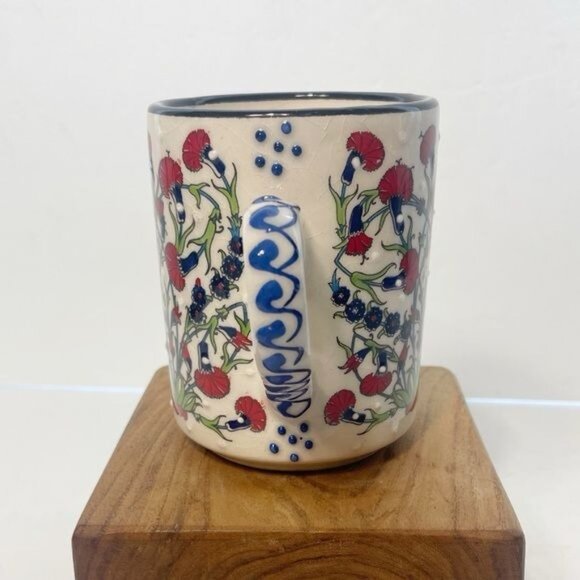 Artisan Nakkas Cini Turkish Ceramic Coffee Mug Floral Handpainted Green Red Blue - Picture 4 of 7